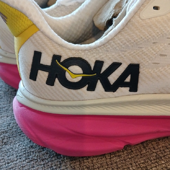 Hoka Women's White and Yellow Athletic Shoes with Pink Soles - Picture 8 of 15